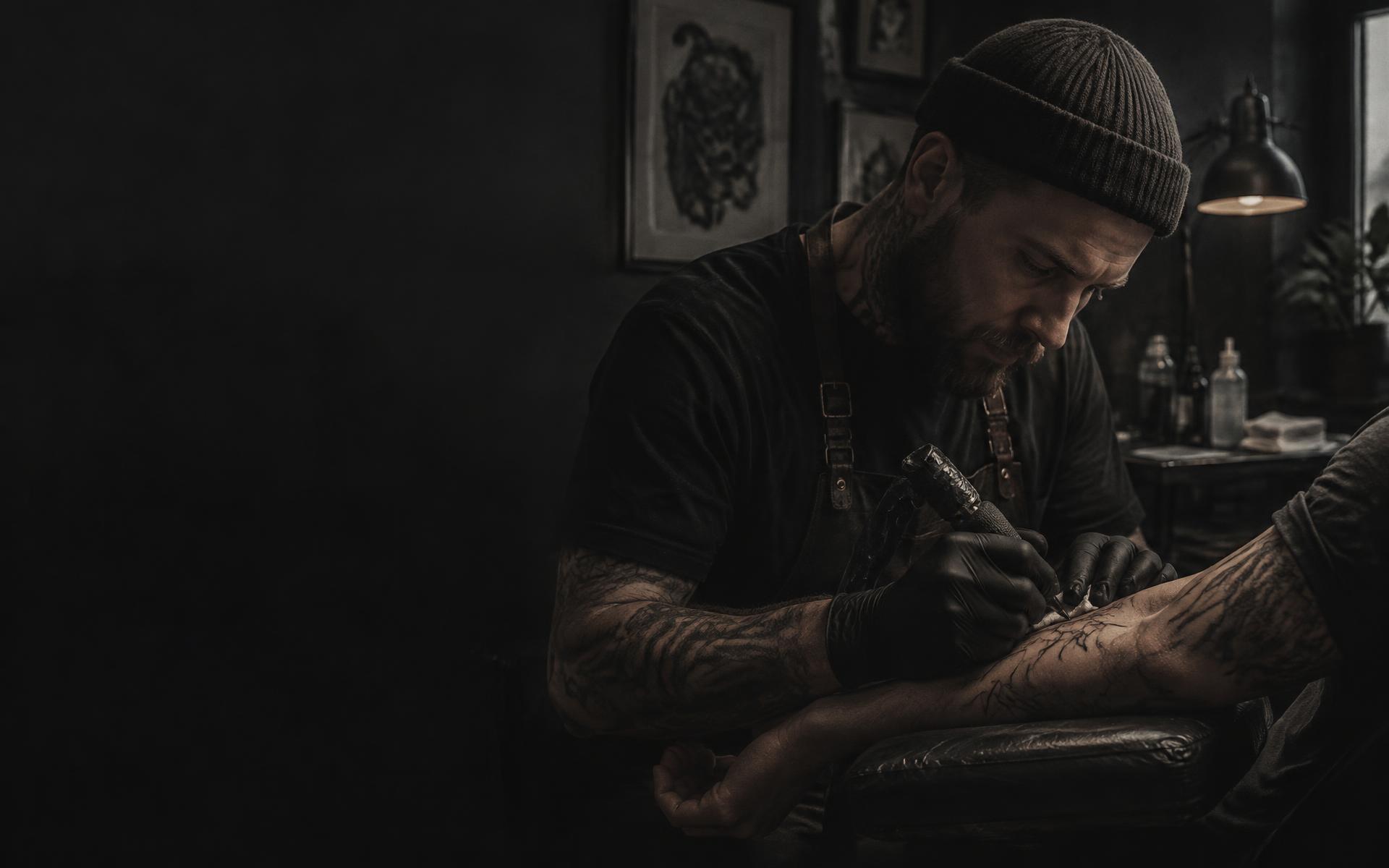 Tattoo artist working on a client's forearm in a dark studio