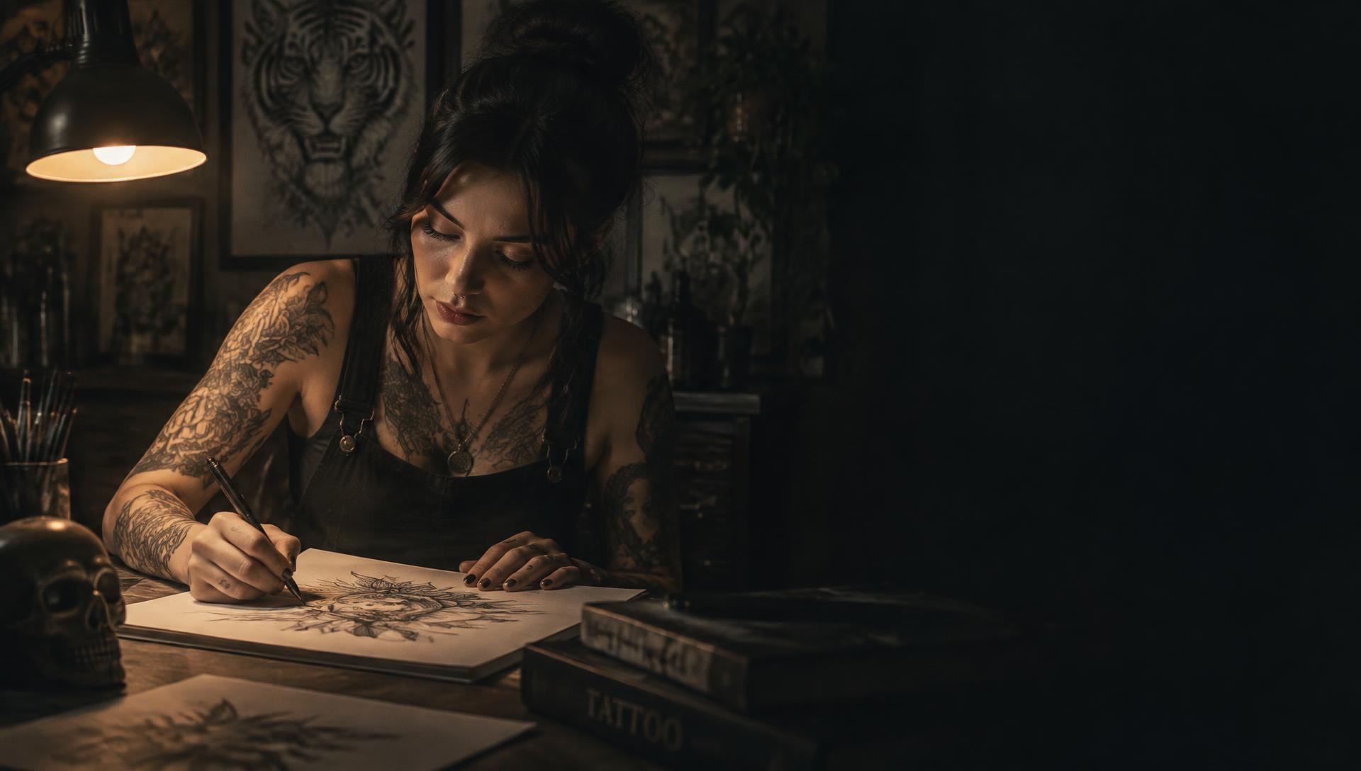 Maya Kane drawing a tattoo design under a single warm lamp