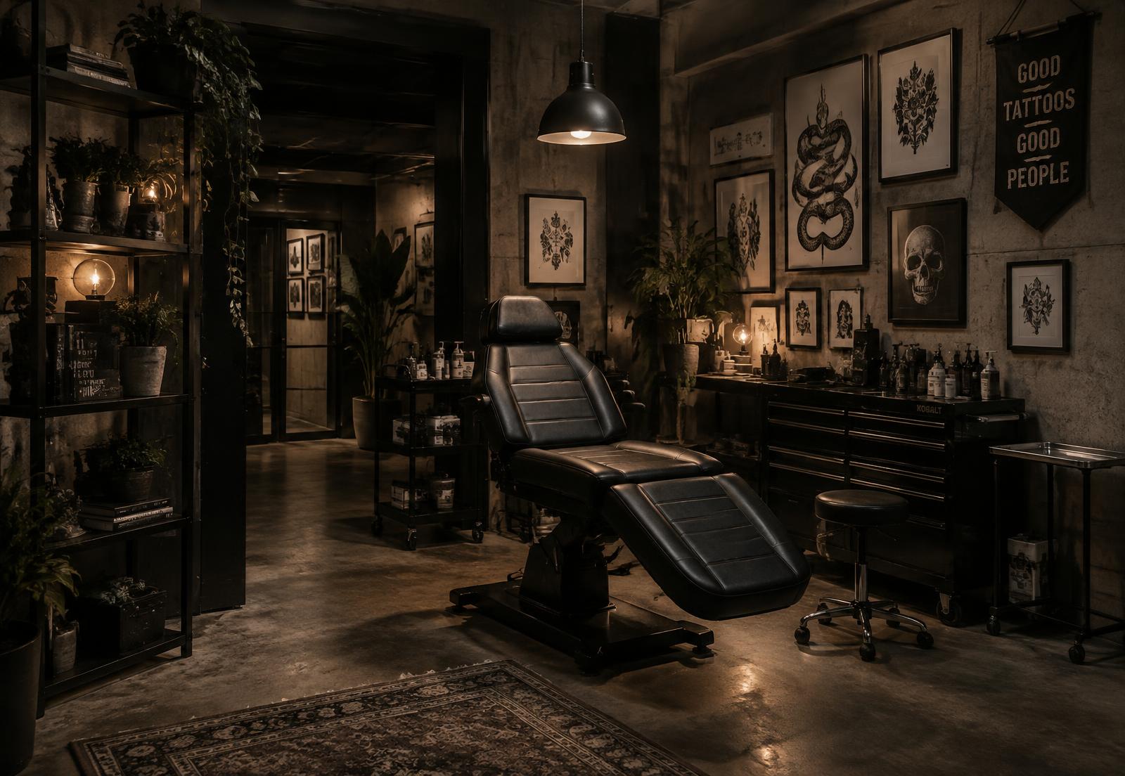Interior of the Noir Ink studio: concrete walls, black steel and warm low light
