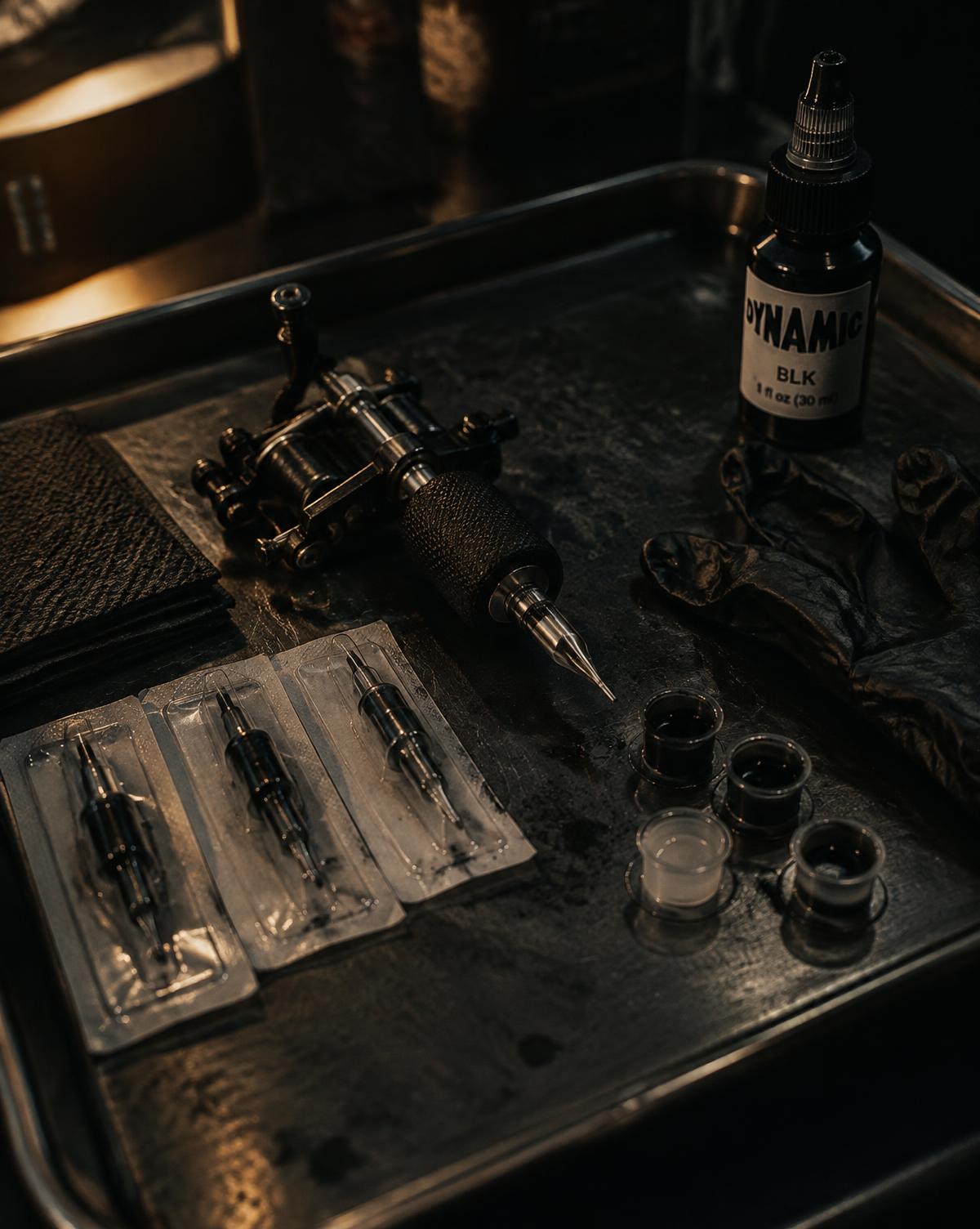 Tattoo machine, needles and ink on a steel tray
